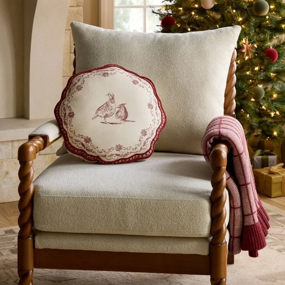 New 16” Burgundy & Cream Christmas Partridge Throw Pillow Threshold Studio McGee